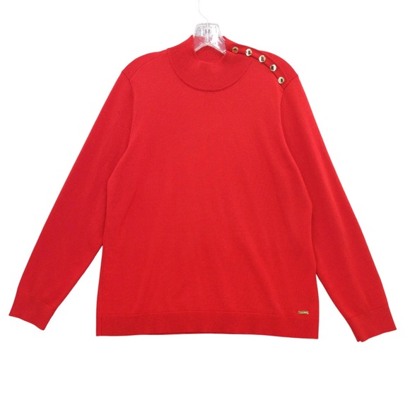 Calvin Klein Red Mock Neck Gold Button Detail Sweater Womens XL Holiday - Picture 1 of 8